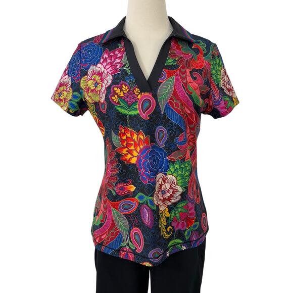 Johnny Was Tops - Johnny Was Bee Active Polo Top T-Shirt Short Sleeve Multi-Color Print M